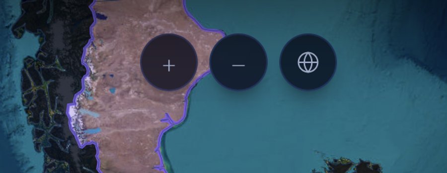 Os botões de zoom e redefinição do globo na parte inferior da tela