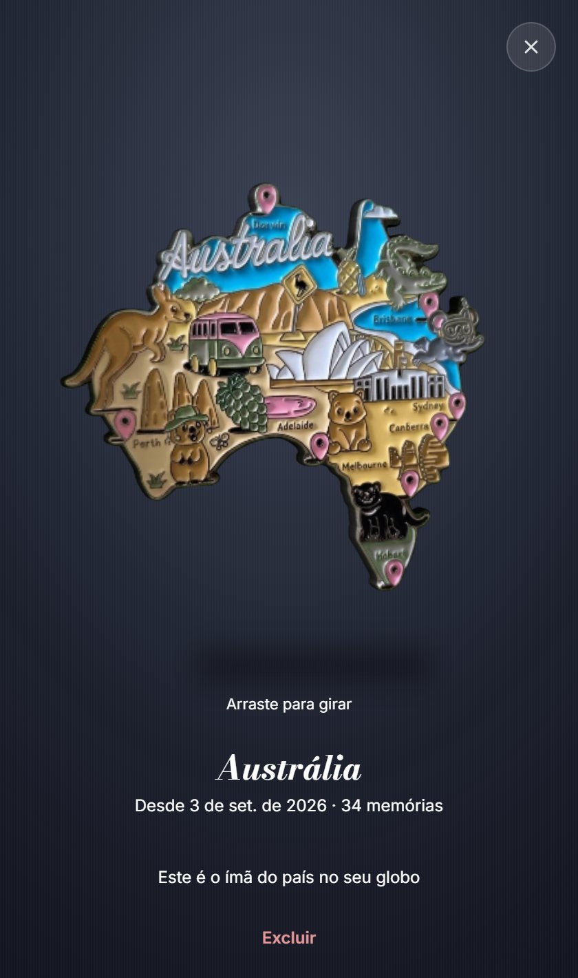 Um ímã aberto, um mapa da Austrália, com a dica para arrastar e girar, o país, a data da conquista, o aviso de que é o ímã do país no seu globo e o botão Excluir