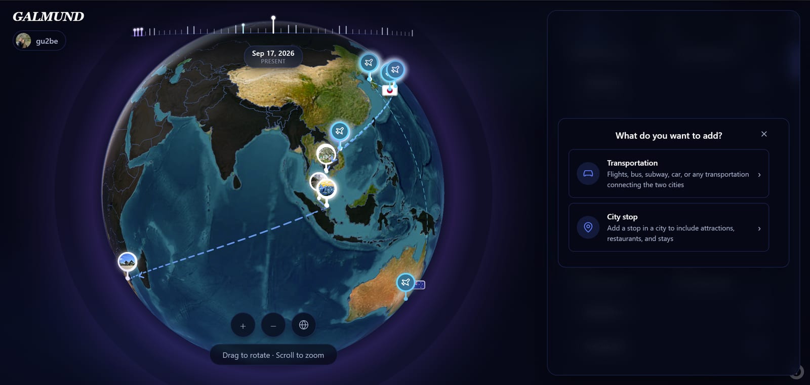 O menu de adicionar do conector entre duas paradas do roteiro, escolhendo entre Transporte e uma parada de cidade