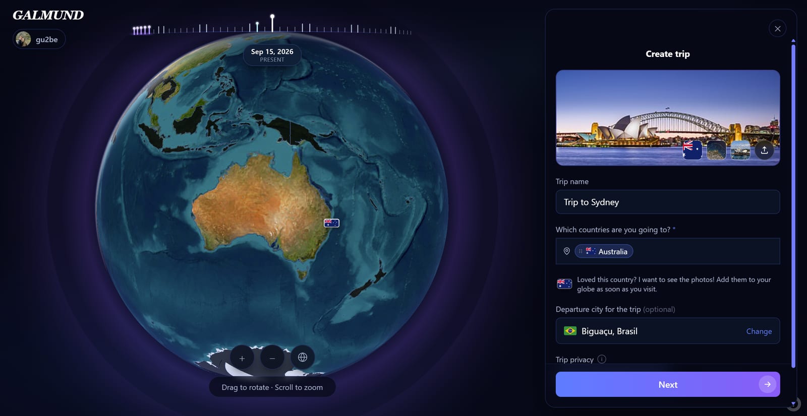 A primeira tela do assistente de criação de viagem, com o nome da viagem e a seleção de país