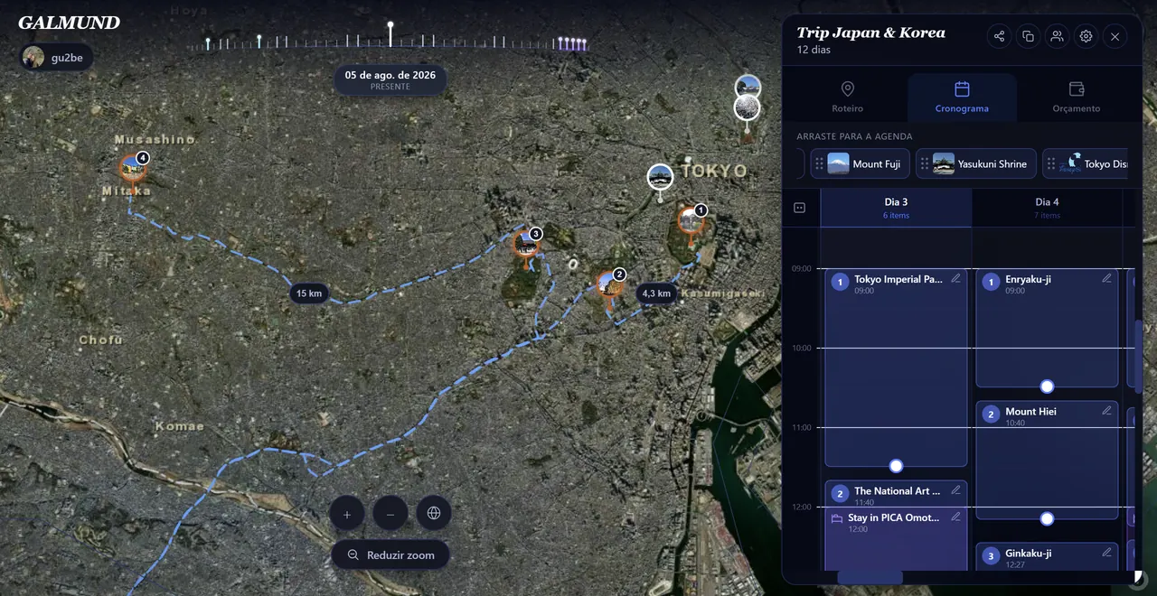 A real Galmund screen showing a trip schedule with pins on the map